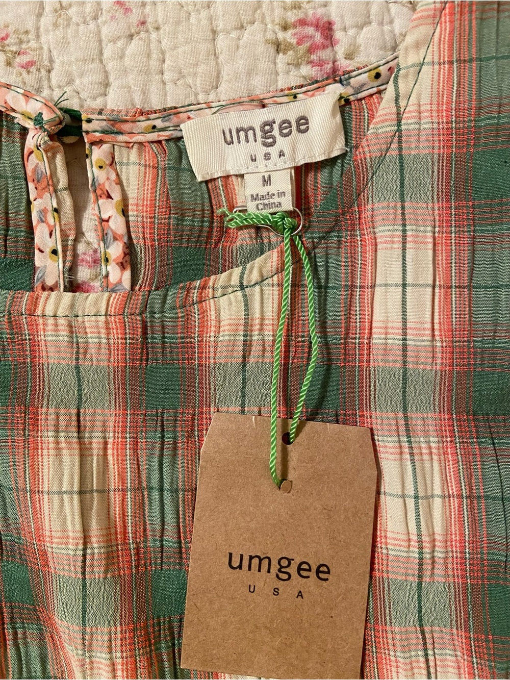 NWT Umgee Green/Pink Plaid Crinkle Babydoll Top - Picture 4 of 7